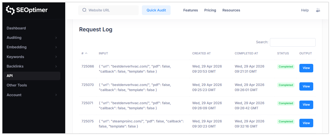 Check API request log